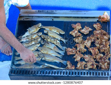 Beautifully cooked fried pieces of quail meat and whole trout fish on an electric grill on a yacht in the open sea. The concept of fast cooking delicious and healthy food.