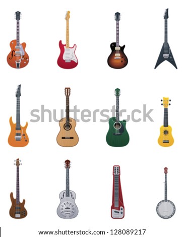 Vector electric and acoustic guitars icon set. Includes images of different guitars and related stringed music instruments