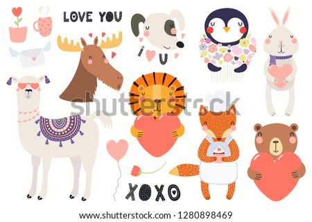 Big Valentines day set with cute funny animals, hearts, text. Isolated objects on white background. Hand drawn vector illustration. Scandinavian style flat design. Concept for card, children print.