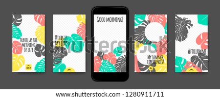 Story Templates Set. Philodendron Leaves Photo Frames. Bright Tropic Pattern for Social Media Stories Design. Exotic Background for Smart Phone Display. Summer Travel Photo Decoration for Stories.