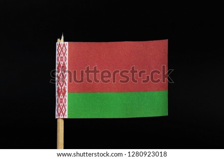 A official and national flag of Belarus on toothpick on black background. A horizontal bicolor of red over green with a red ornamental pattern on a white vertical stripe at the hoist.