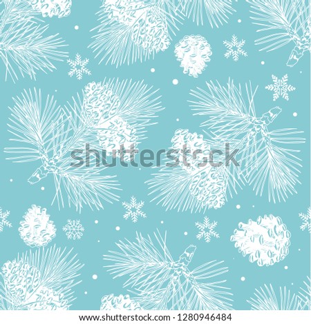 Vector seamless pattern with hand drawn line illustrations of pine tree foliage and snowflakes
