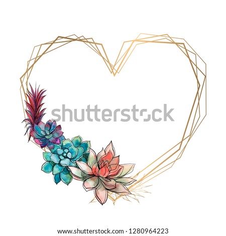 Gold heart frame with succulents. Valentine. Watercolor.Graphics.  Vector.