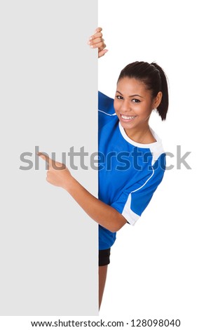 Happy Young Girl Holding Volleyball And Placard. Isolated On White
