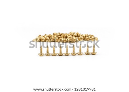 tapping screws made of steel, metal screw, iron screw, golden screw, screws as a background isolated on white background