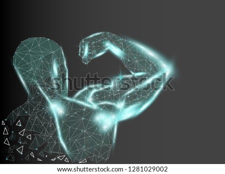 Low poly illustration of biceps. Glittering dust. Shiny vector on a dark background. Polygonal frame of dots and lines.
