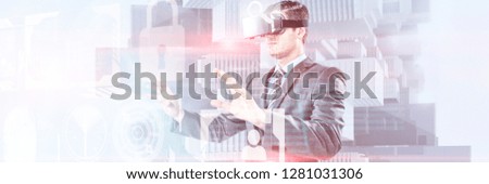 Businessman gesturing while using virtual reality headset against composite image of identification interface