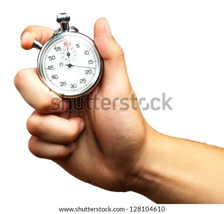 Close Up Of Hand Holding Stopwatch On White Background Royalty-Free Stock Photo #128104610
