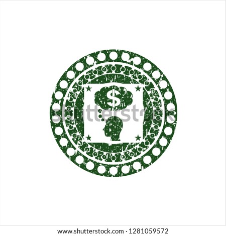 Green thinking in money icon inside distress rubber grunge texture stamp