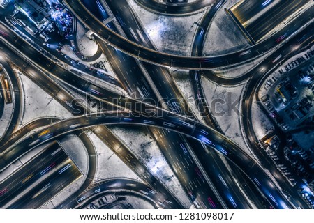 Aerial view highway road junctions at night  in Moscow