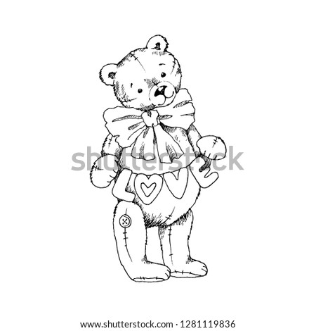 Teddy bear toy with flags heart and big bow coloring book vector illustration. Love inscription. Valentines Day Concept. Love concept. Hand drawn illustration for kids design, birthday party