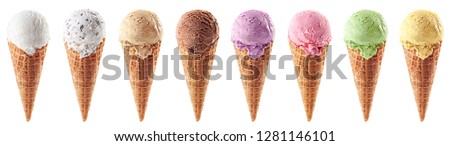 Set of various ice cream scoops in waffle cones isolated on white background Royalty-Free Stock Photo #1281146101
