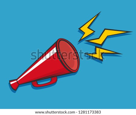 Red loudspeaker, megaphone, bullhorn icon or symbol. Social, media, marketing, advertising or promotion concept. Vector illustration.