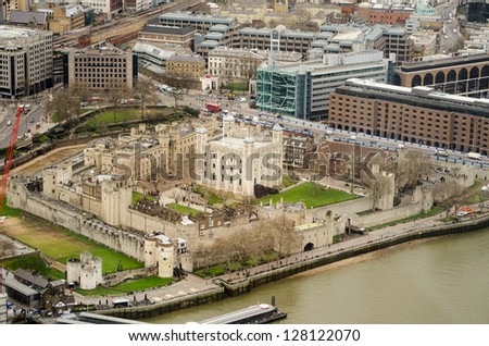 View from above of the historic Tower of London castle in the City of London.