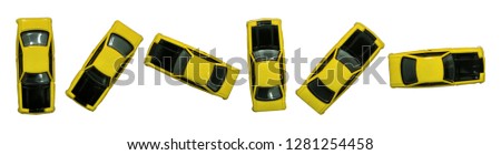 yellow toy or vintage car on white, top shot for travel animation, toy racing car from above, different angles