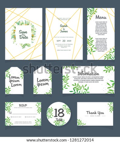 Wedding invitation card template. 
Wedding invitation, thank you, save the date,  menu, information, RSVP, label, table number and place card design.
