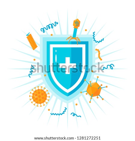 Immune system concept. Medical shield surrounded by viruses and bacterium Royalty-Free Stock Photo #1281272251