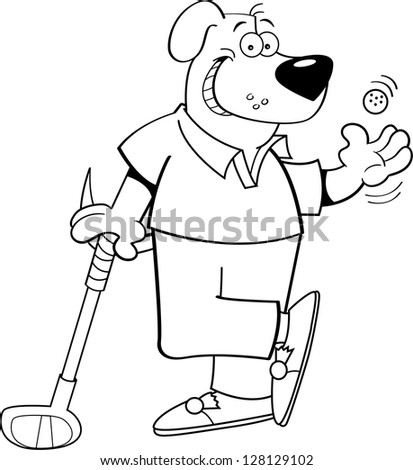 Black and white illustration of a dog playing golf.