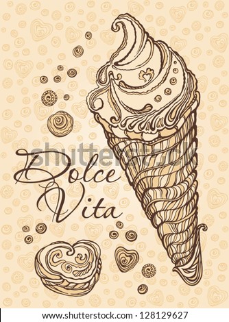 Dolce Vita. Elegant illustration with a sugar cone and chocolate hearts.