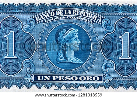 Liberty head - Libertad. Portrait from Colombia 1 Peso Oro 1953 Banknotes. 