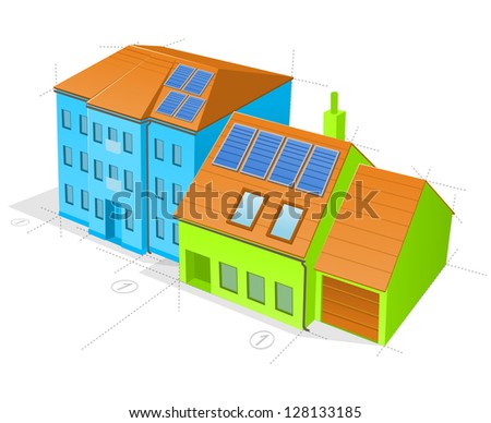 Blue and Green Buildings - Modern office building exterior and residential house illustration