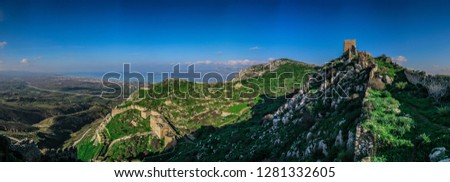 Acrocorinth, Upper Corinth fortress, the acropolis of ancient Corinth, is a monolithic rock overseeing the ancient city of Corinth, Greece. Archaeological site of Acrocorinth, the acropolis of Korinth Royalty-Free Stock Photo #1281332605