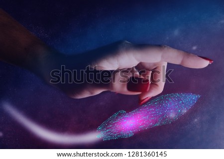 Human hand holding Rocket low poly. Nebula dust. Mixed media. 