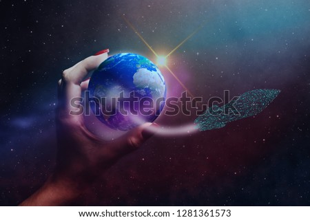 Whole world in woman hands plam and 
 Rocket low poly. Mixed media . 