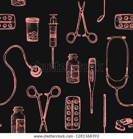 medicine - seamless pattern with pink hand-drawn elements