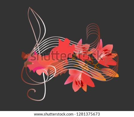 Flamenco logo. Treble clef, luxury piece of red fabric and musical notes in shape of lilies flowers on black background. Concert poster, greeting or invitation card.