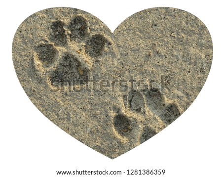Love your pet forever paw prints in the sand inside a heart on isolated white background