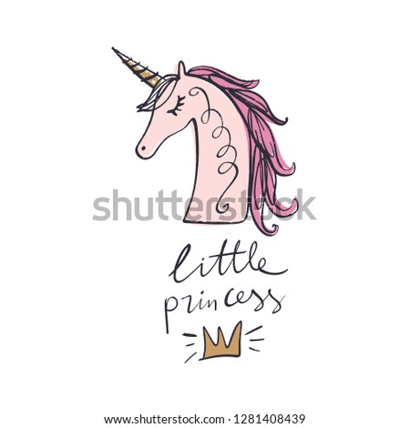 Unicorn princess calligraphy postcard, crown drawing. Textile graphic print for t-shirt and other. Pony illustration head EPS