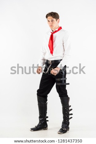 The guy in the fantasy medieval costume.A suit, clothing different.Close-up, white background.
