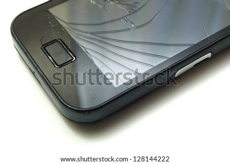 corner of broken smartphone screen, shot on white