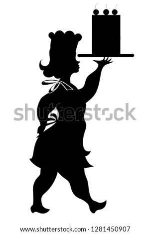 Funny lady-cook black silhouette holding a tray with a cake 