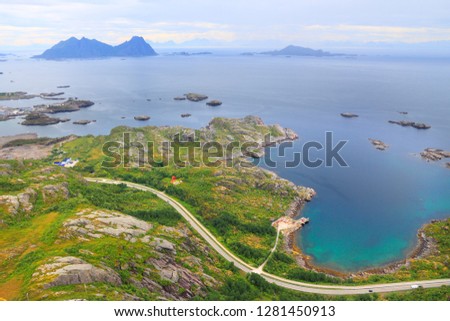 Norway landscape - aerial view of Lofoten coast and National Tourist Route, European route E10. Royalty-Free Stock Photo #1281450913