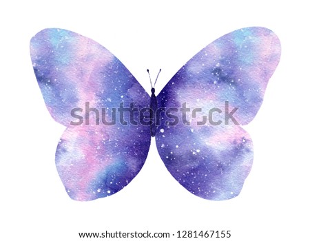  Watercolor galaxy butterfly isolated on the white background. Hand painted watercolor illustration perfect for romantic post cards.