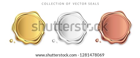 Gold, silver, bronze stamp wax seal approval vector sealing retro label set. Quality garantee label. Elite. Royalty-Free Stock Photo #1281478069