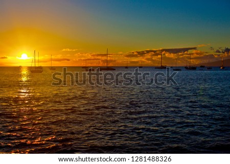 Silhouette of moored boats with sun setting in the background.