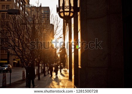 Urban street at sunset.
