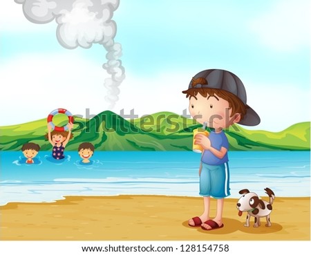 Illustration of kids swimming and a boy and his pet at the seashore