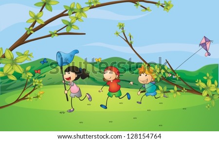 Illustration of kids catching the butterflies