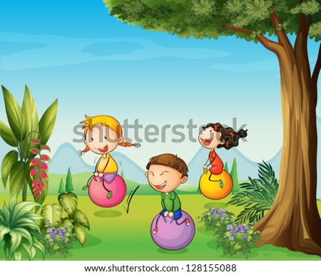 Illustration of three kids having fun with a bouncing ball