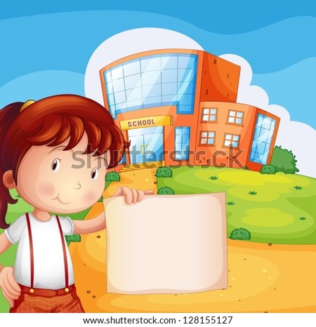Illustration of a kid in front of a school with an empty paper