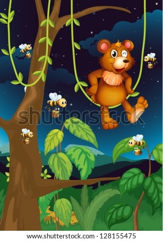 Illustration of a bear and bees in the forest