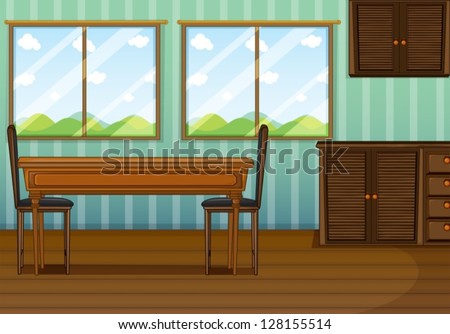 Illustration of a clean dining room with wooden furnitures