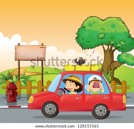 Illustration of a girl driving and a boy taking pictures