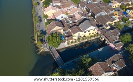 Aerial view panoramic of Hoi An old town or Hoian ancient town. Royalty high-quality free stock photo image top view house, rooftop, river of Hoi An city. Hoian city is the most popular destination