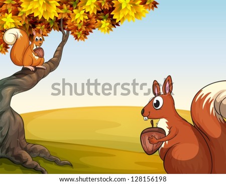 Illustration of squirrels with nuts in the hill