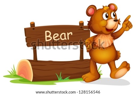 Illustration of a bear standing beside a wooedn board on a white background